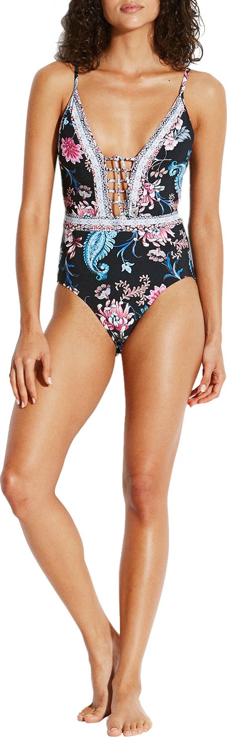 Seafolly Floral-Print Lace-Up One-Piece Swimsuit