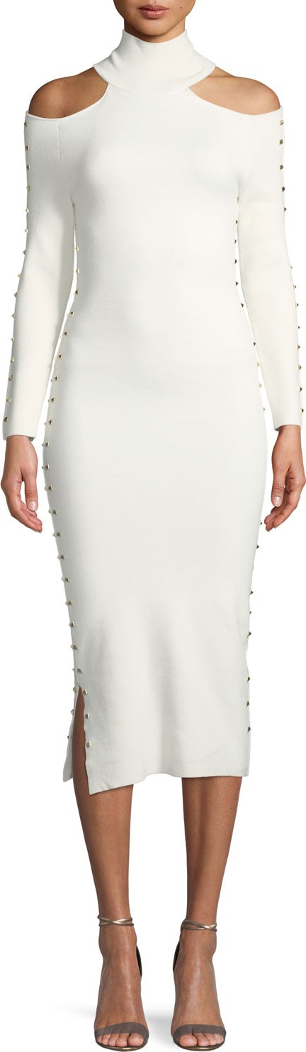 Alice + Olivia Kahlo Studded Shoulder-Cutout Turtleneck Midi Tank Dress Alice + Olivia Kahlo Studded Shoulder-Cutout Turtleneck Midi Tank Dress