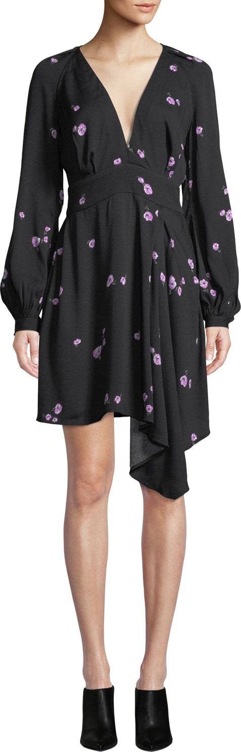 Equipment Alexandria V-Neck Long-Sleeve Tossed Blossom Mini Crepe Dress