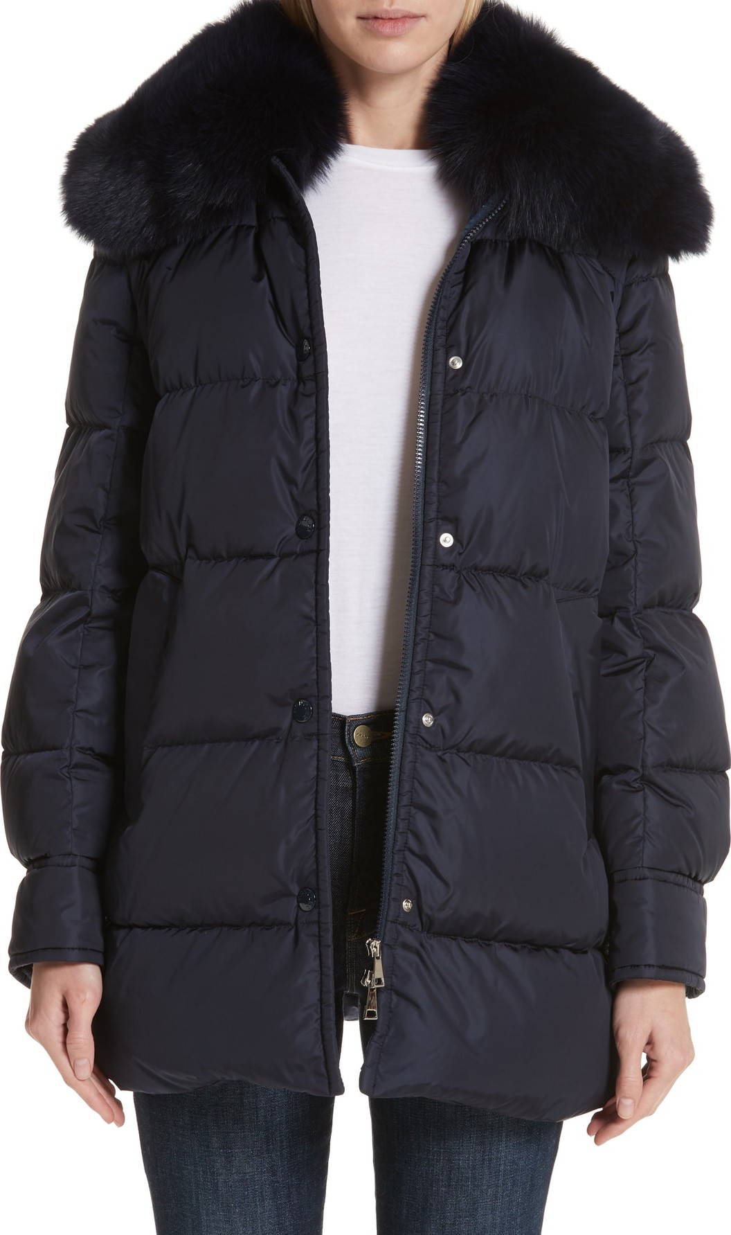 Moncler Mesange Quilted Down Coat with Removable Genuine Fox Fur Collar