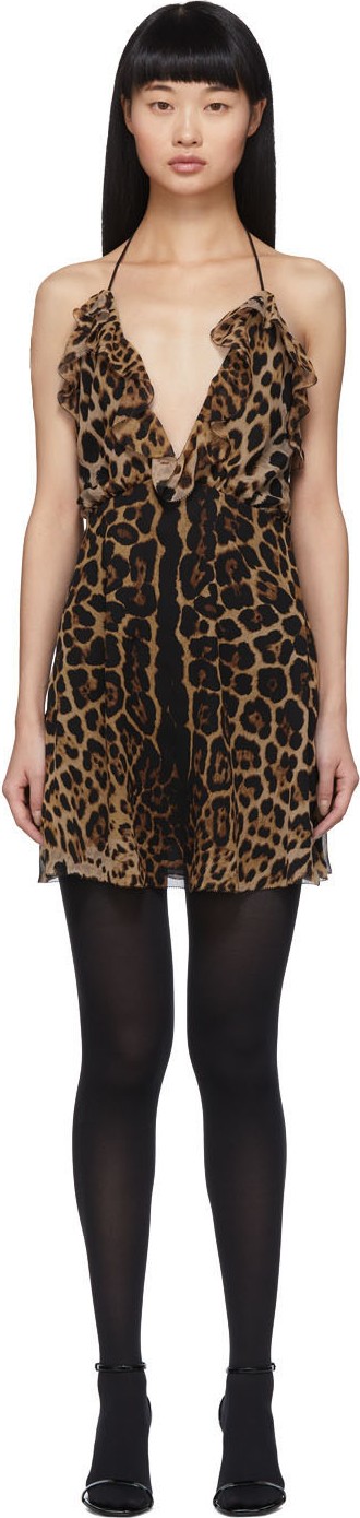 Saint Laurent Beige Leopard Babydoll Slip Dress