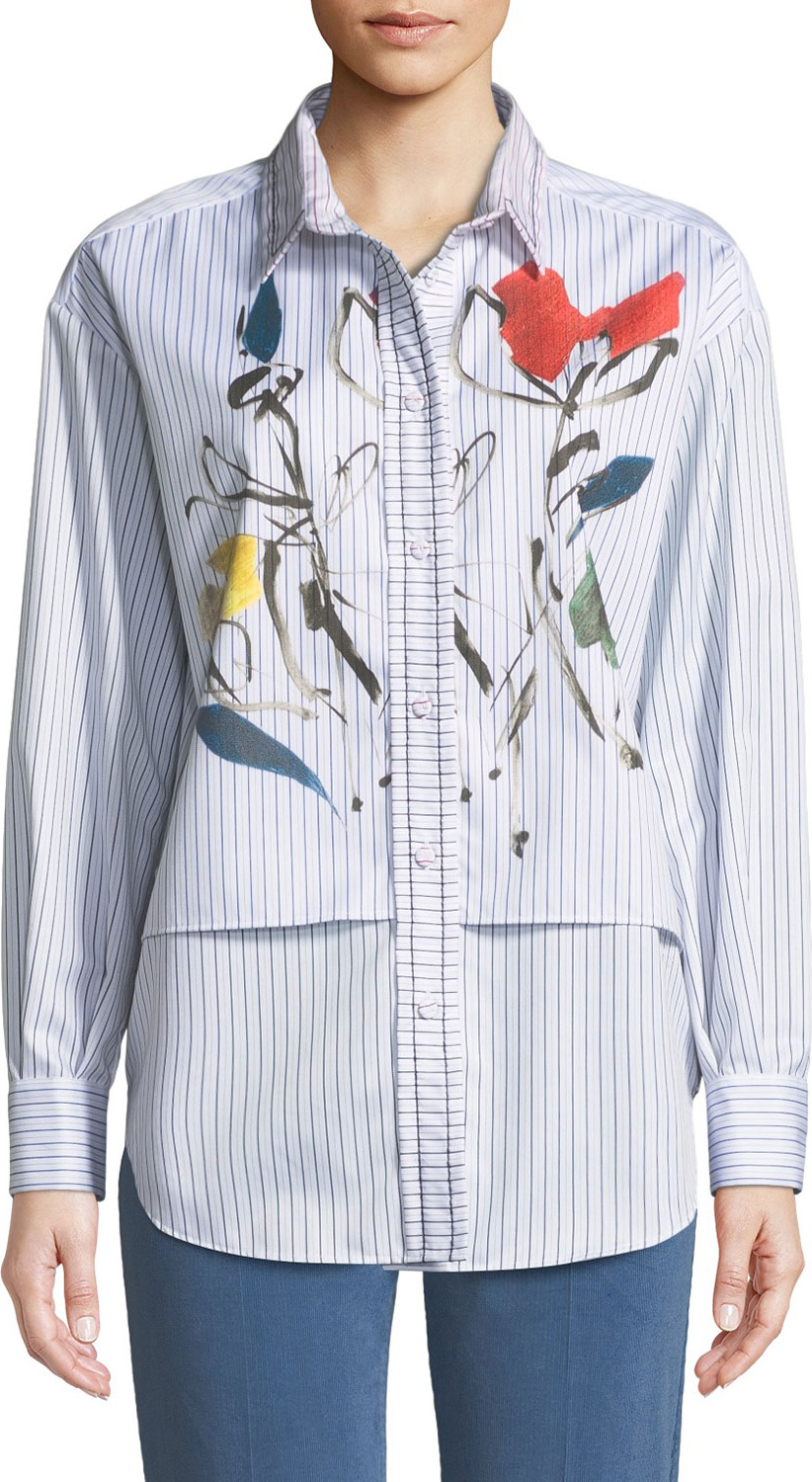 Piazza Sempione Long-Sleeve Striped Cotton Shirt with Watercolor-Floral Print