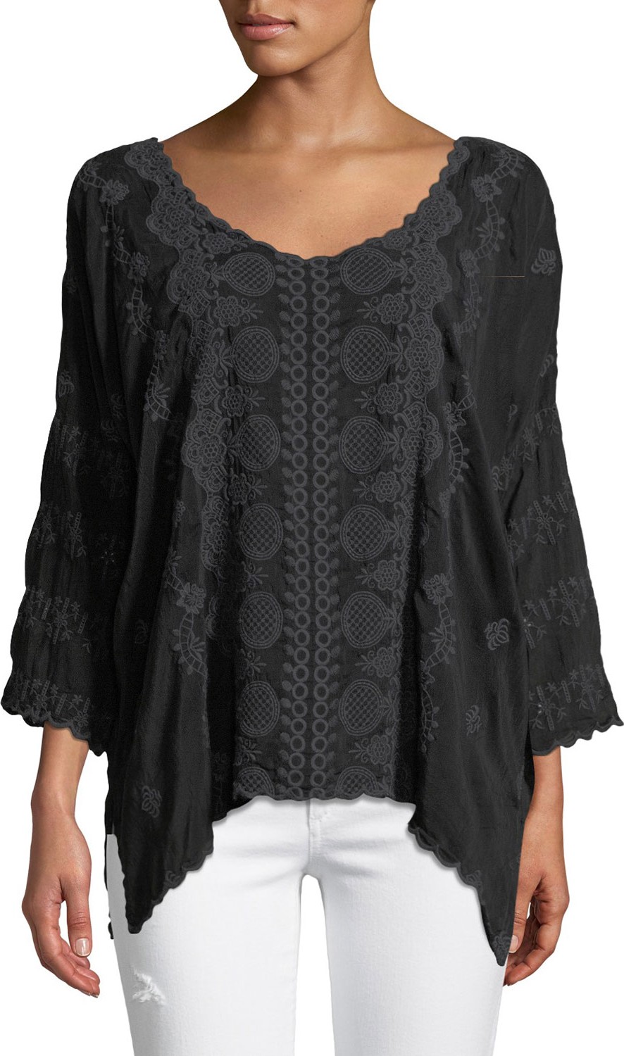 Johnny Was Analusia 3/4-Sleeve Embroidered Top