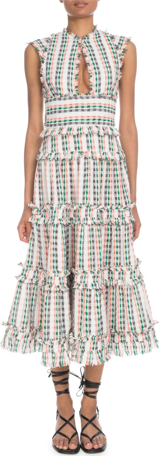 Proenza Schouler Keyhole-Front Sleeveless Boucle Open-Weave Long Tiered Dress
