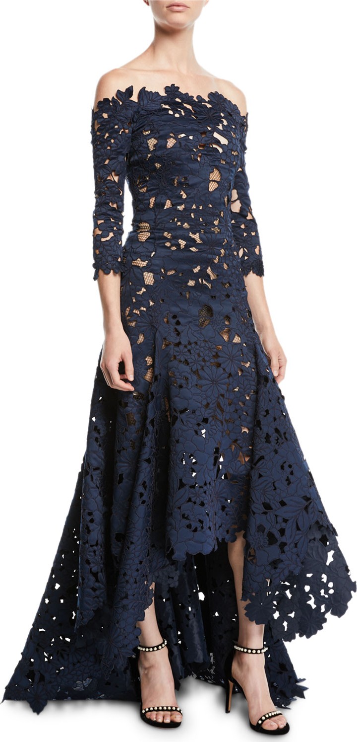 Oscar De La Renta Off-the-Shoulder 3/4-Sleeve High-Low Cutout Lace Satin Evening Gown
