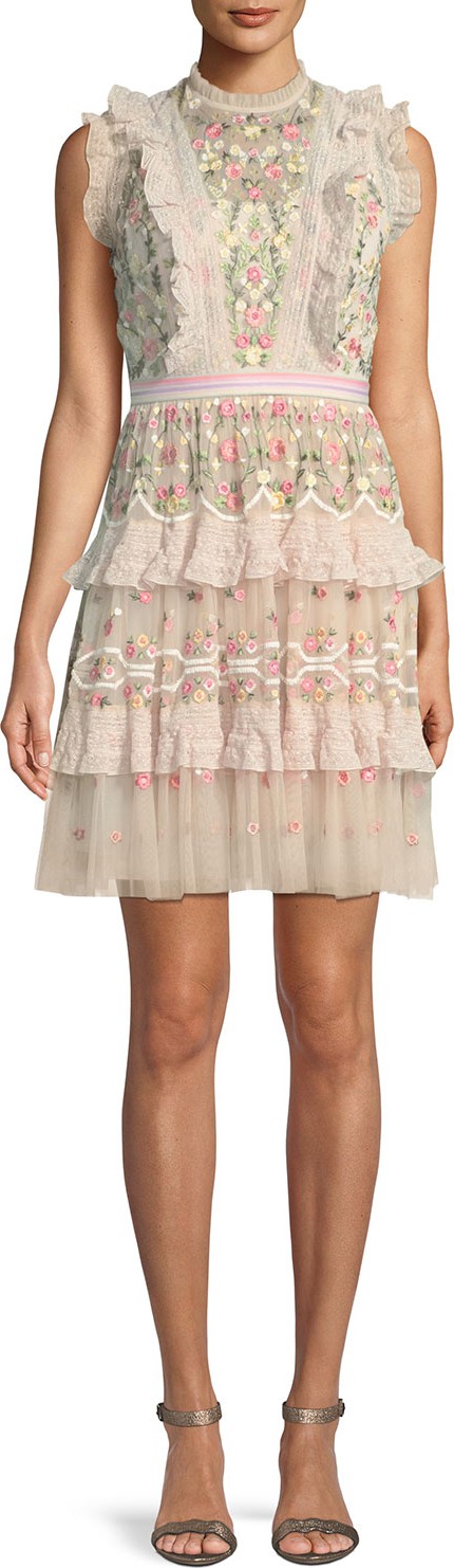 Needle & Thread Lattice Rose Embroidered Frill Mini Dress