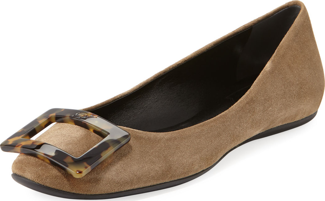 Roger Vivier Gommette Suede Buckle Ballet Flats with Tortoise Buckle