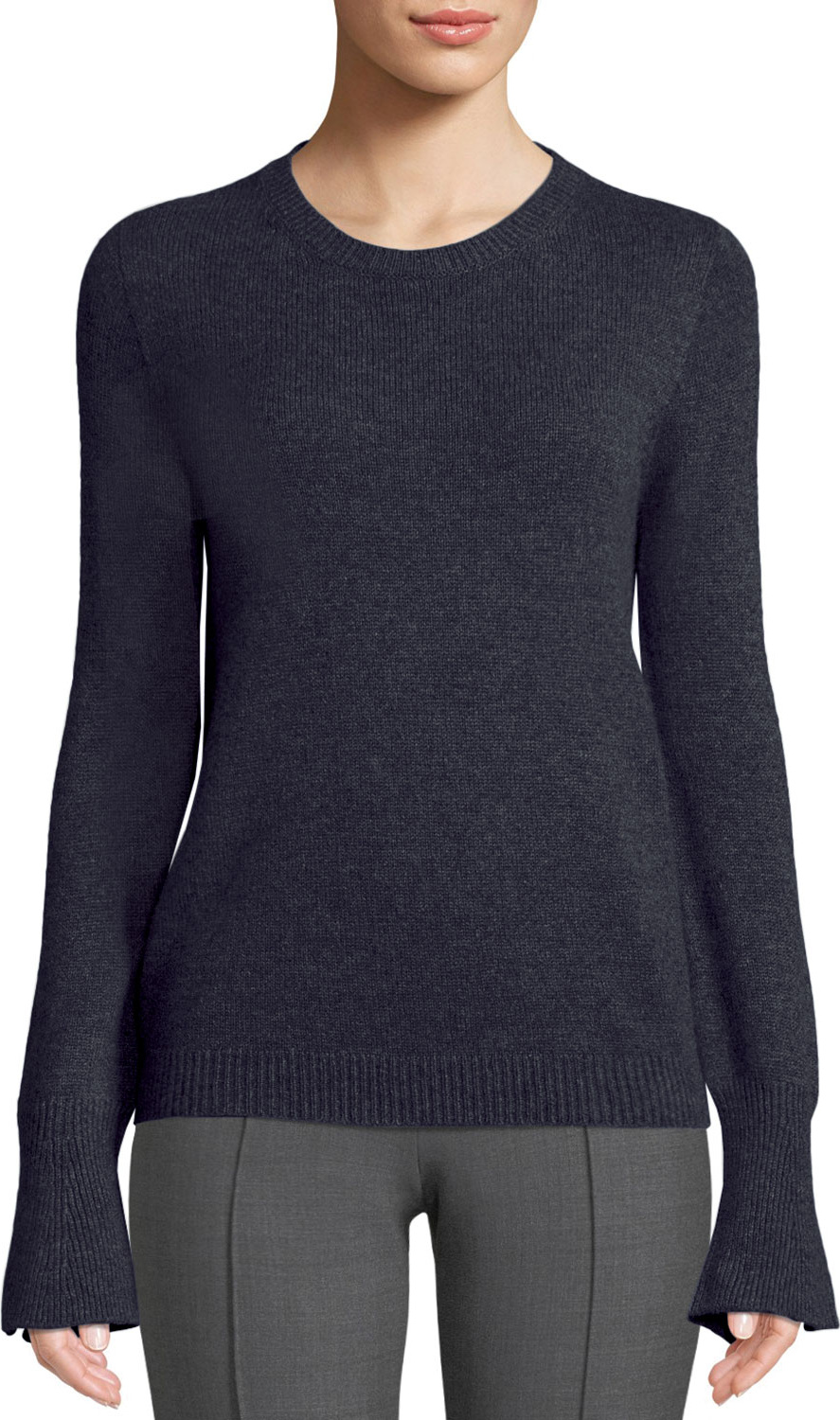 Agnona Crewneck Trumpet-Cuffs Cashmere Pullover Sweater