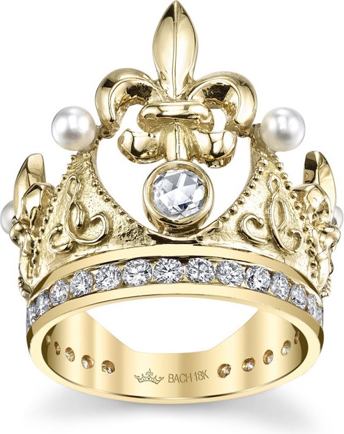 Cynthia Bach 18k Fleur-de-Lis Diamond & Pearl Crown Ring