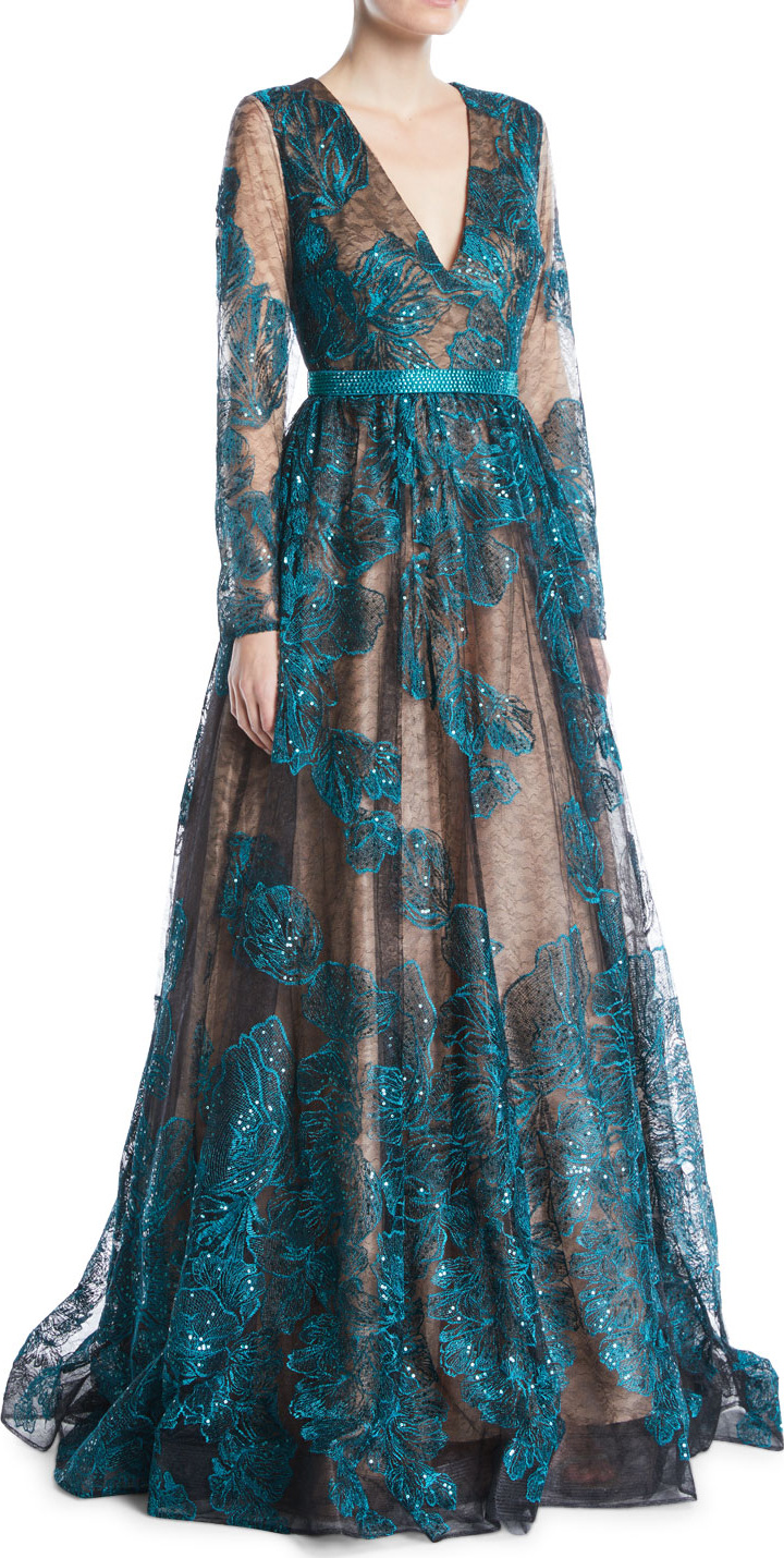 Jovani Long-Sleeve Deep-V Sequined Lace Evening Gown