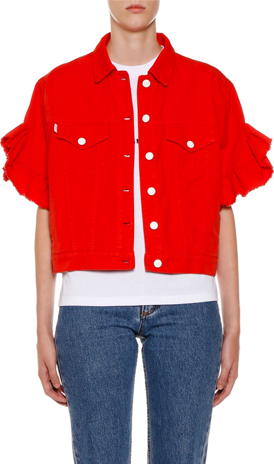MSGM Button-Front Ruffle-Sleeve Denim Jacket
