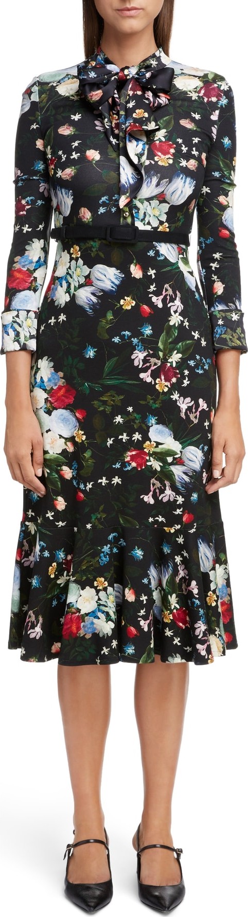 Erdem Floral Ponte Jersey Tie Neck Dress