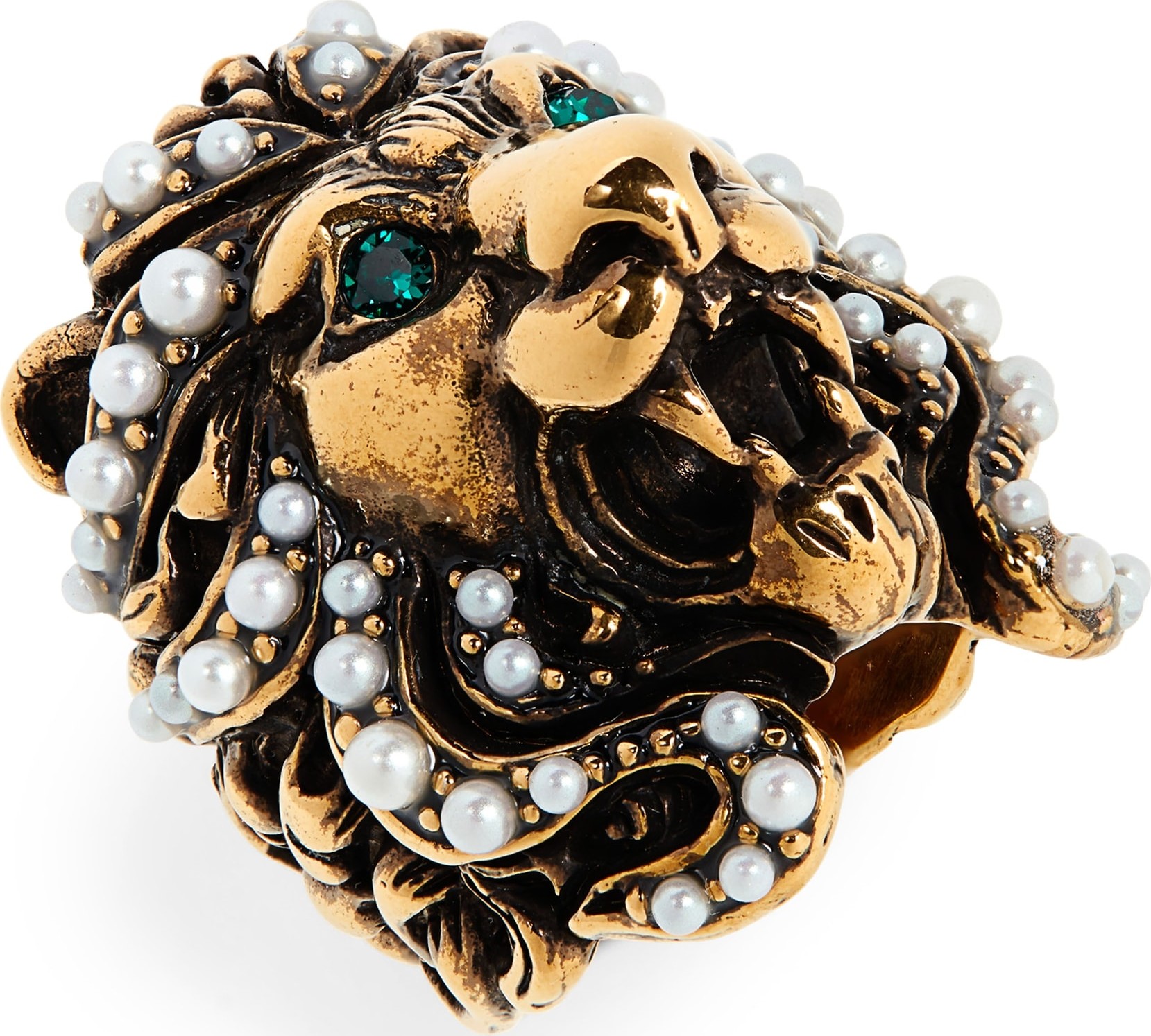 Gucci Lion Head Imitation Pearl & Crystal Ring