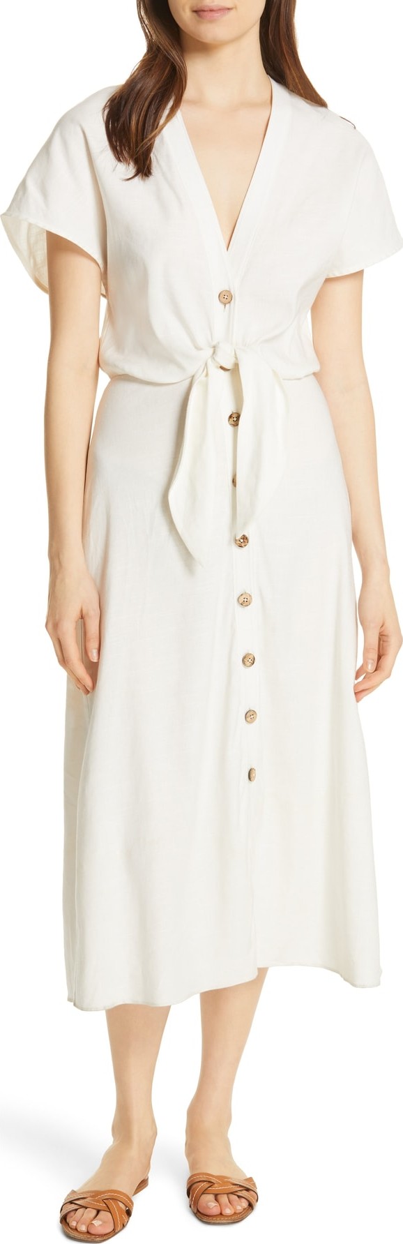Veronica Beard Giana Tie Waist Linen Blend Midi Dress
