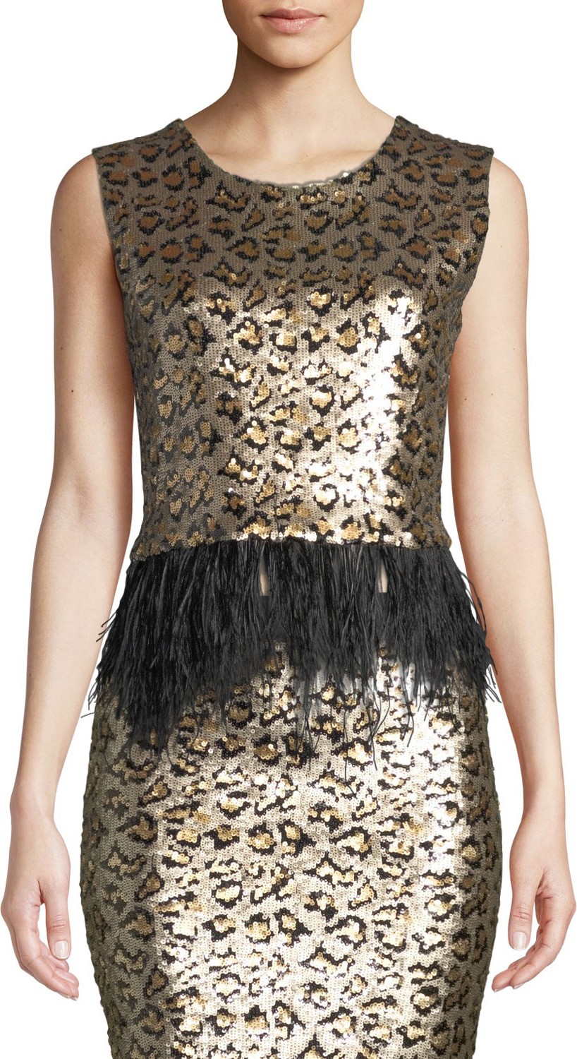 Le Superbe Liza Fitted Cropped Sequin Top with Ostrich Feathers