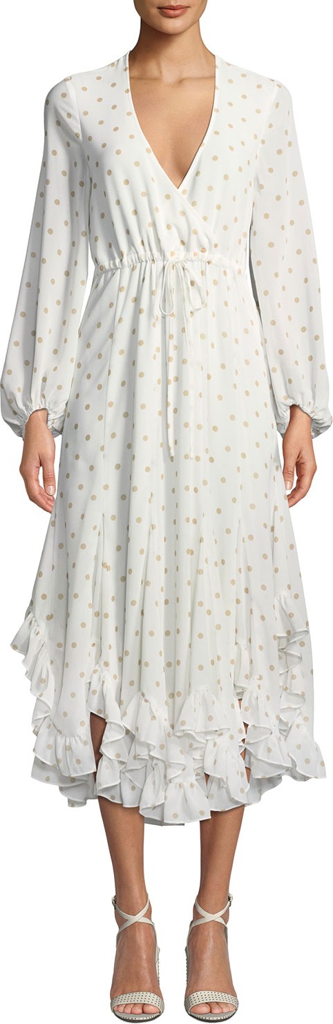 Shona Joy Sophia Dot-Print Long-Sleeve Drawstring Godet Midi Dress