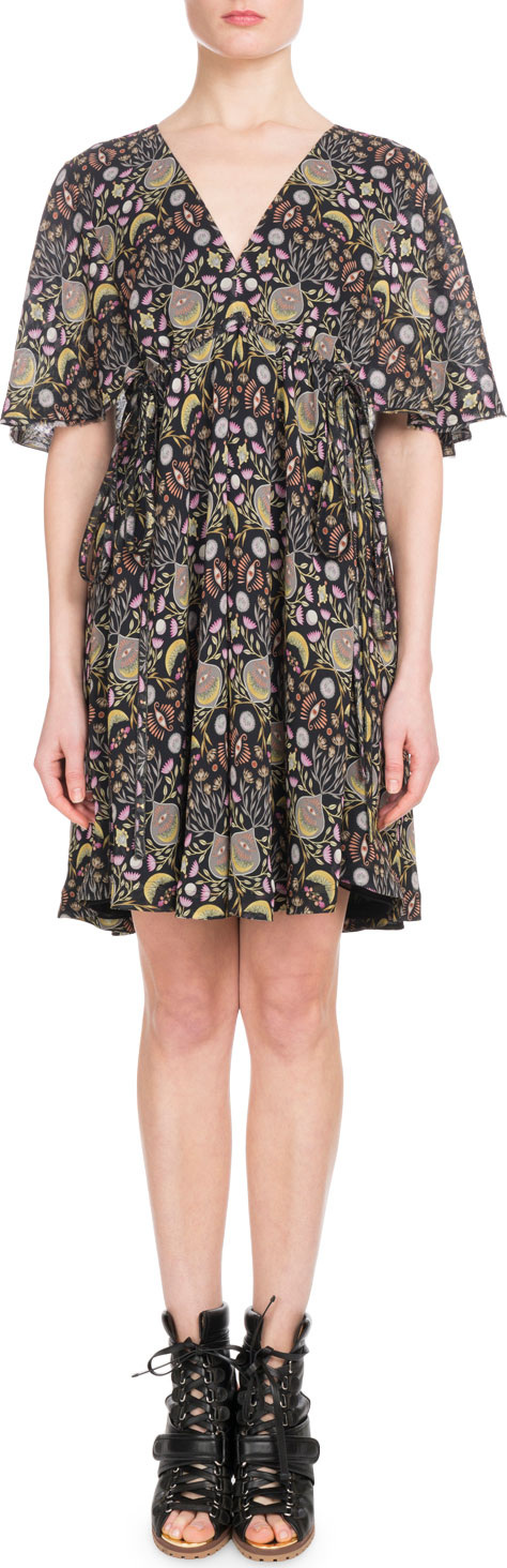 Chloe Short-Sleeve V-Neck Blossom-Print Georgette Dress