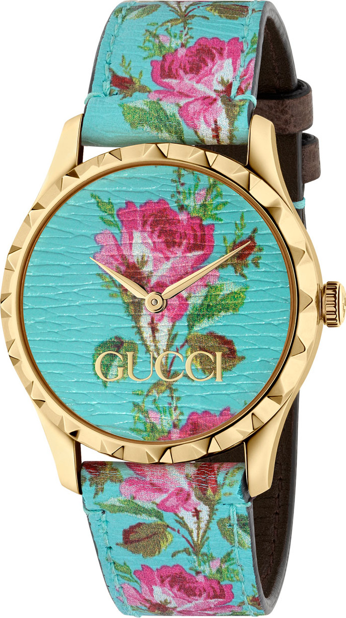 Gucci 38mm G-Timeless Blooms Leather Watch, Gold/Aqua