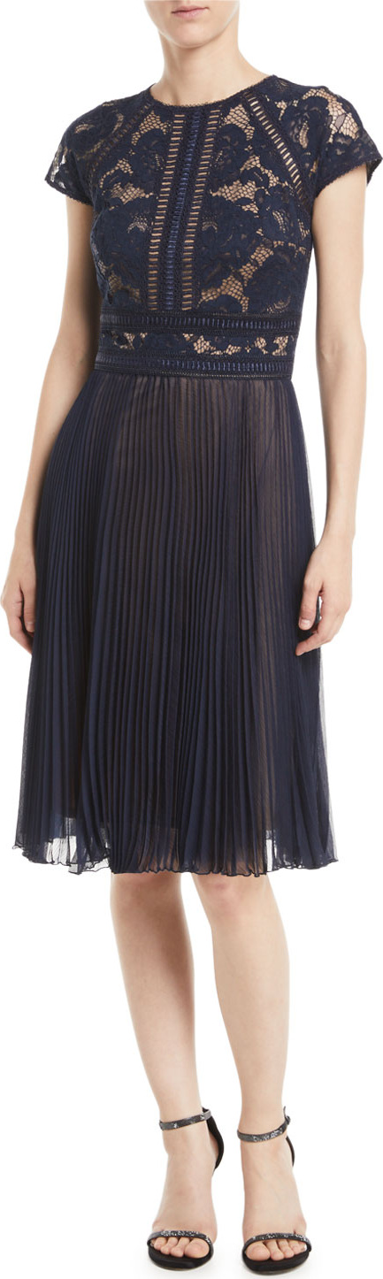 Tadashi Shoji Cap-Sleeve Lace Cocktail Dress w/ Pleated Chiffon