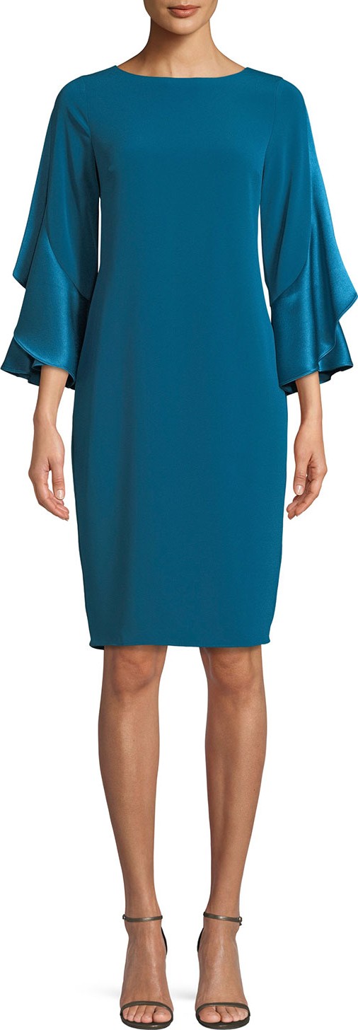 Rickie Freeman for Teri Jon 3/4-Sleeve Sheath Cocktail Dress w/ Ruffles