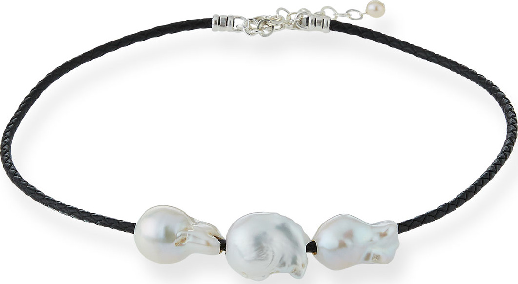 Margo Morrison Triple Pearl & Woven Leather Necklace
