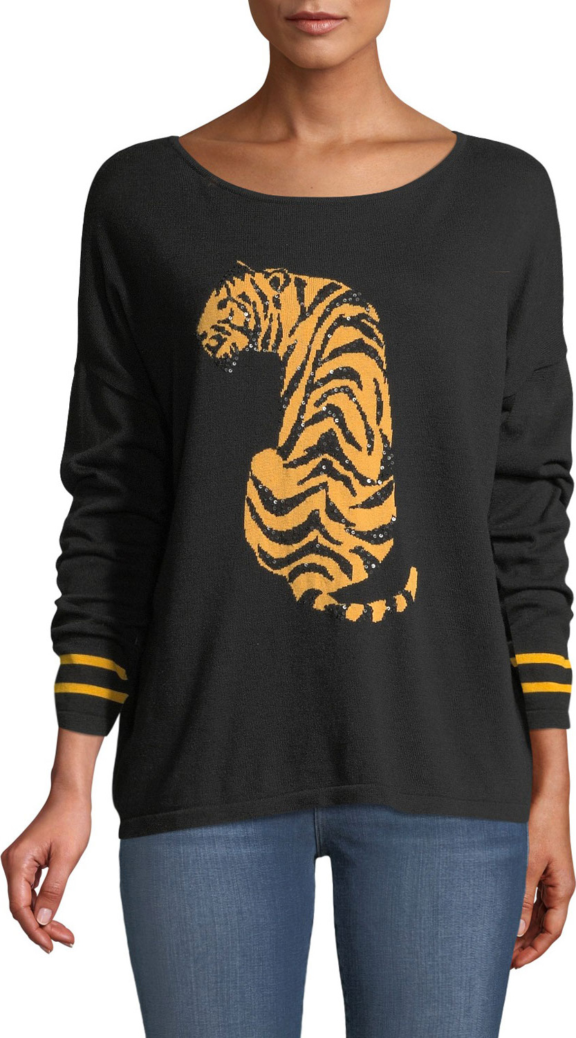 Joan Vass Boat-Neck Long-Sleeve Sequin-Striped Tiger-Intarsia Sweater
