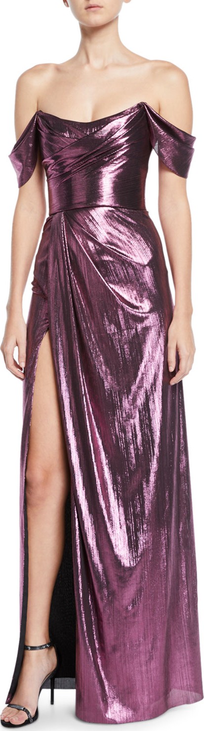 Marchesa Notte Off-the-Shoulder Metallic Lame Draped Gown