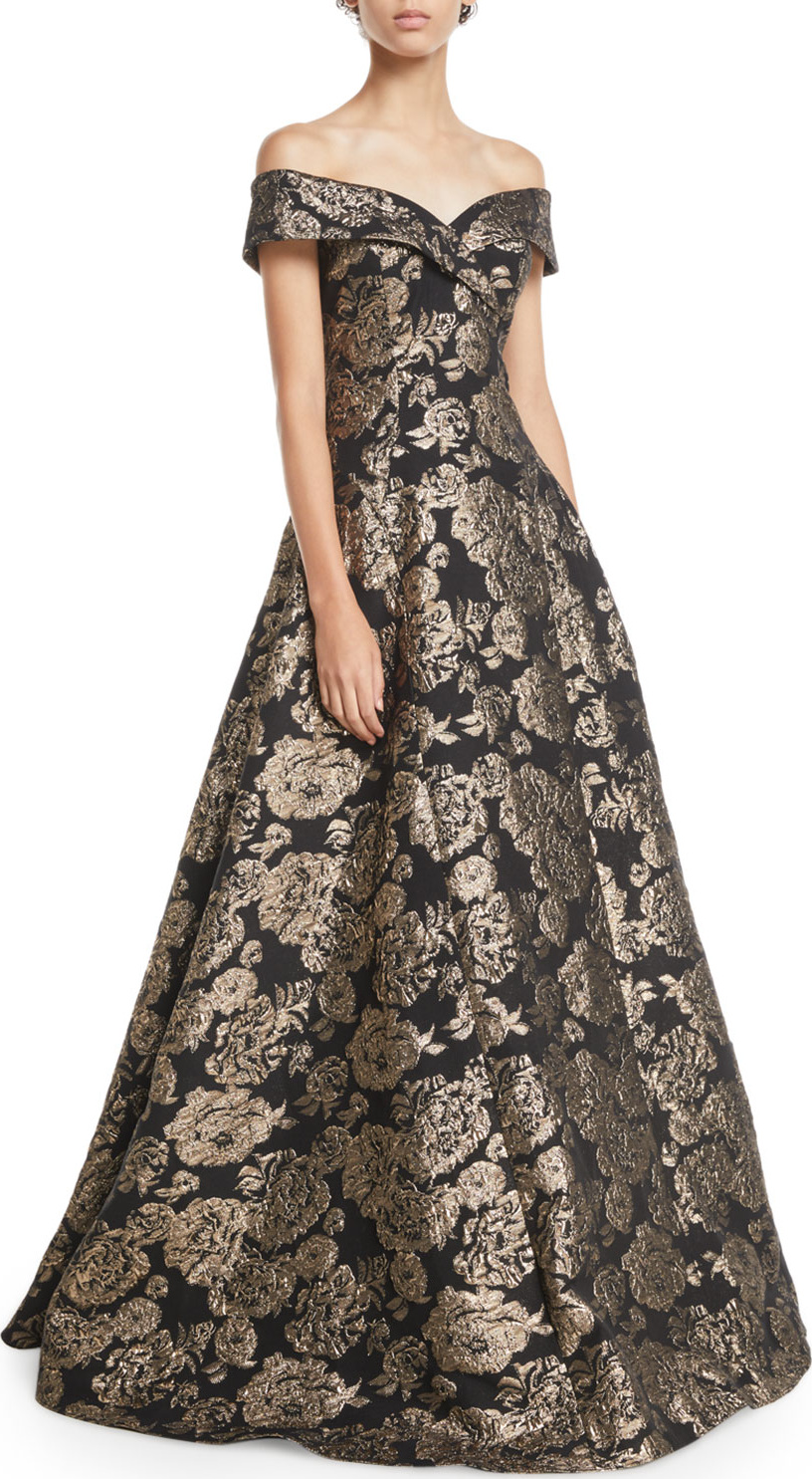 Rickie Freeman for Teri Jon Off-the-Shoulder Floral Jacquard Ball Gown