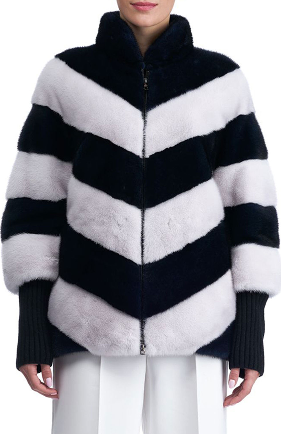 Gorski Chevron Mink Fur Jacket with Cashmere Sleeves