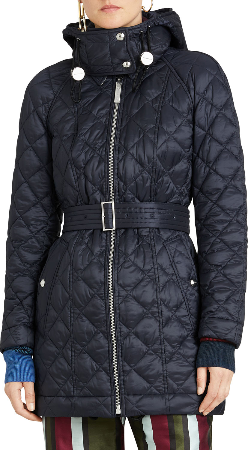 Burberry London England Lightweight Diamond Quilted Coat w/ Detachable Hood