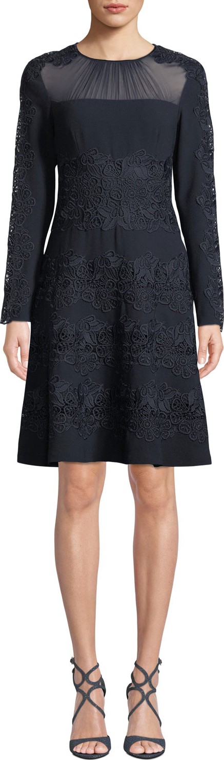 Elie Tahari Cora Shirred Jewel-Neck Long-Sleeve A-Line Crepe Dress w/ Floral-Guipure