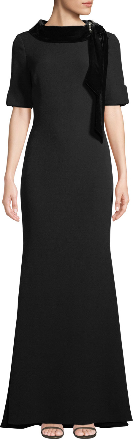 Badgley Mischka Velvet & Grommet Stand-Collar Crepe Gown