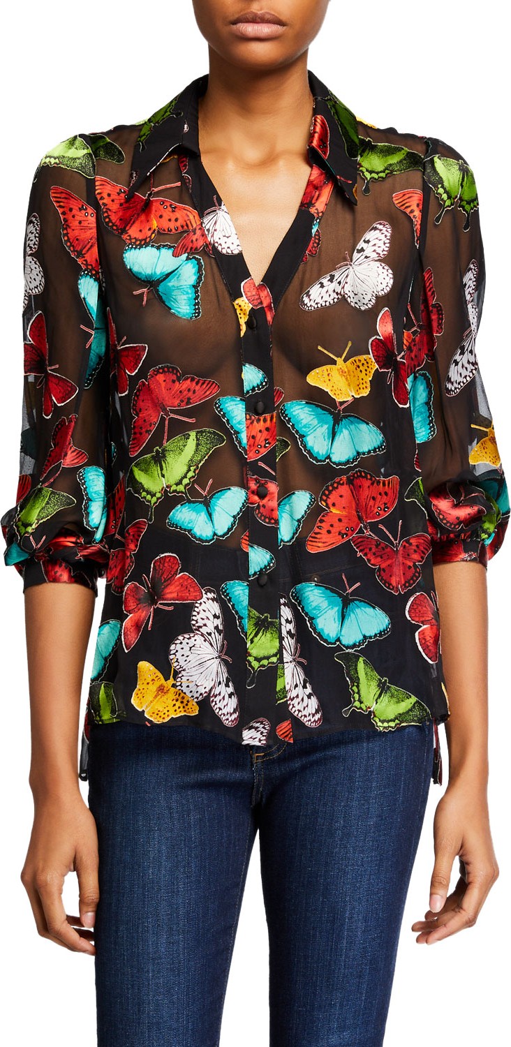 Alice + Olivia Sheila Butterfly Blouson-Sleeve Button-Front Top