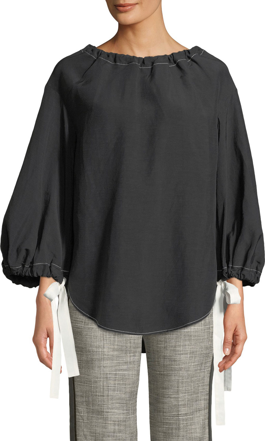 Rejina Pyo Dana Cinched Blouson-Sleeve Blouse w/ Self-Ties