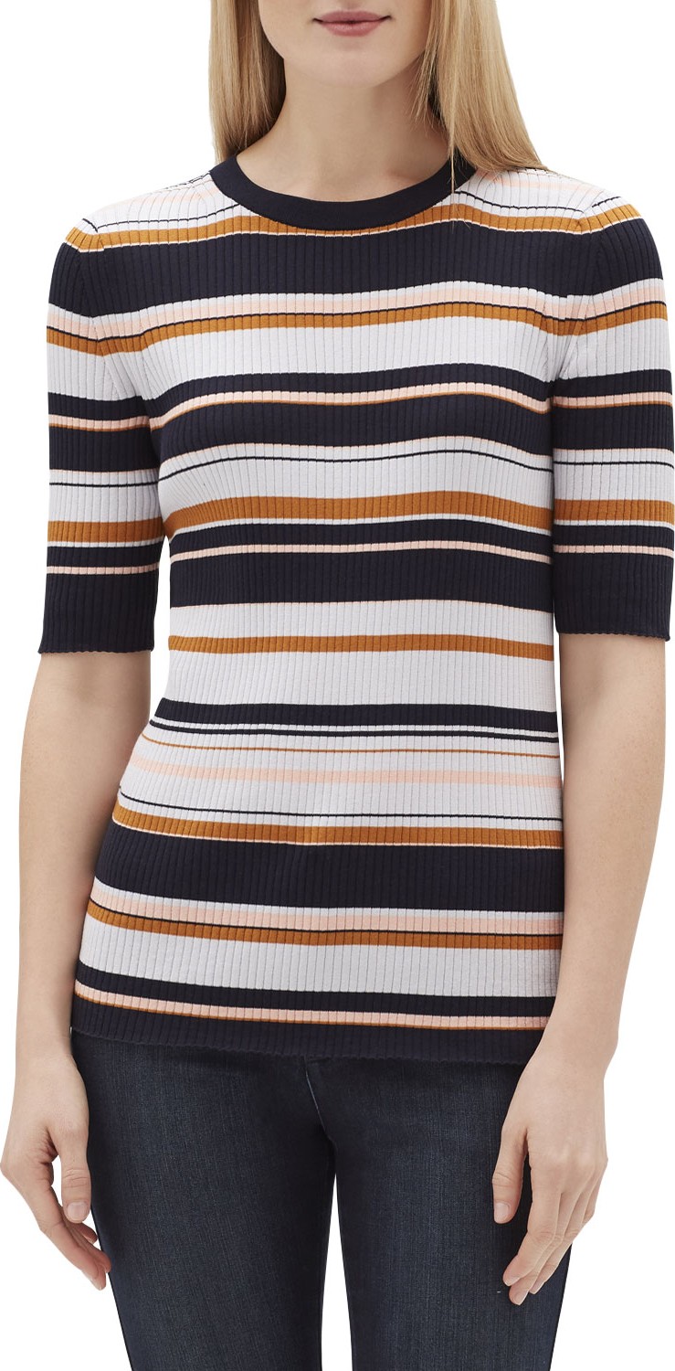 Lafayette 148 New York Striped Crewneck Short-Sleeve Rib-Knit Top