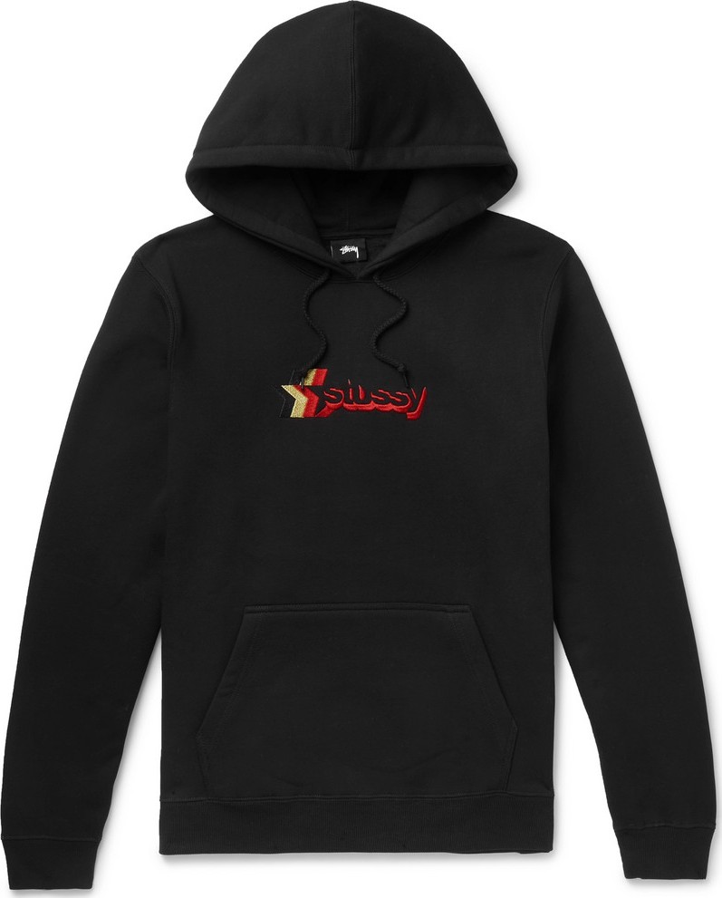 Stussy Logo-Embroidered Fleece-Back Cotton-Blend Jersey Hoodie
