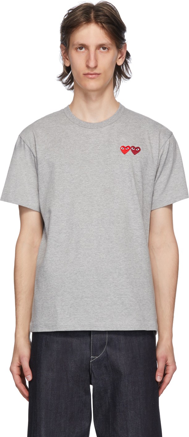 Comme Des Garcons PLAY Grey & Red Double Hearts T-Shirt