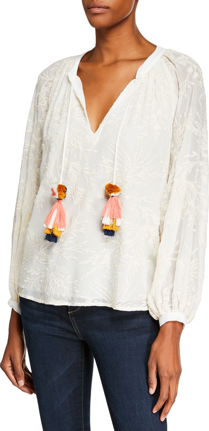 Johnny Was Rosanna Embroidered Long-Sleeve Top w/ Pompom Ties