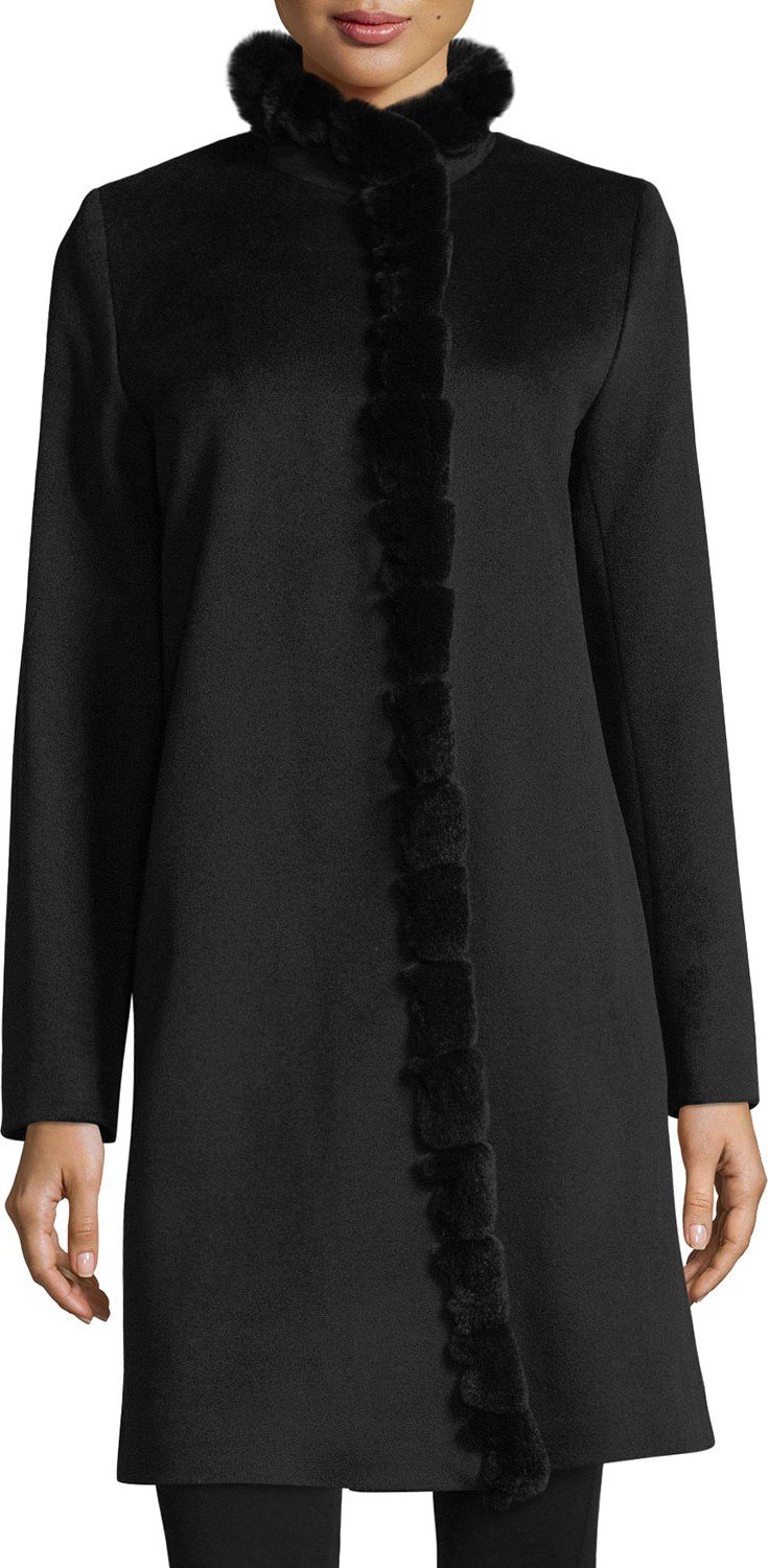 Fleurette Fur-Trimmed Stand-Collar Wool Coat