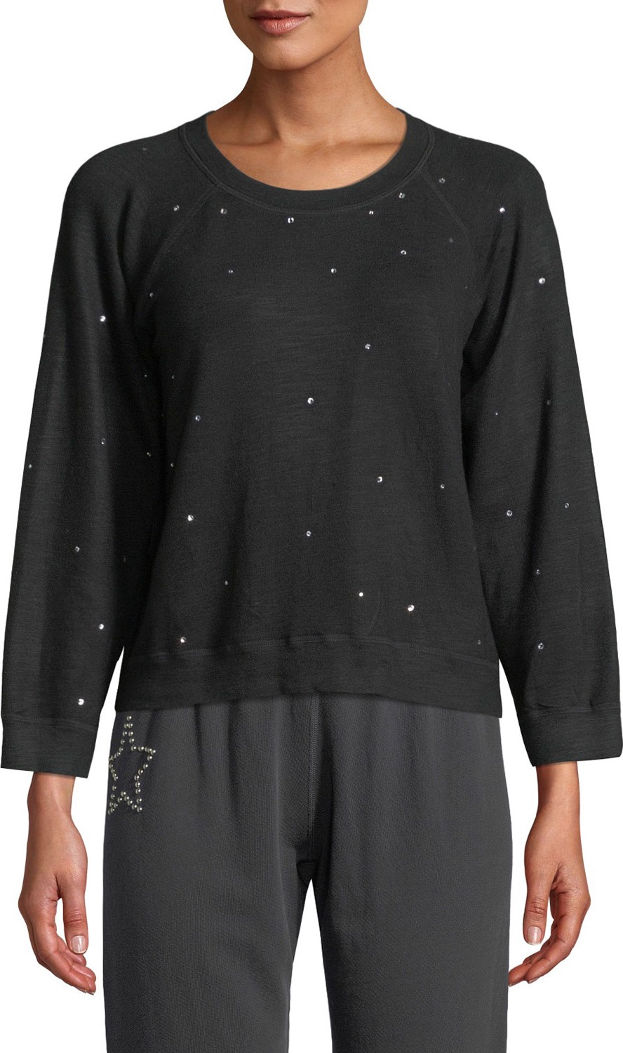 MONROW Vintage Raglan Pullover Sweater with Rhinestones