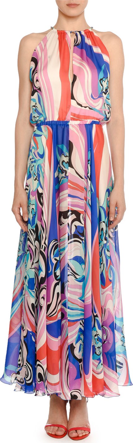 Emilio Pucci High-Neck Sapphire Silk Maxi Dress