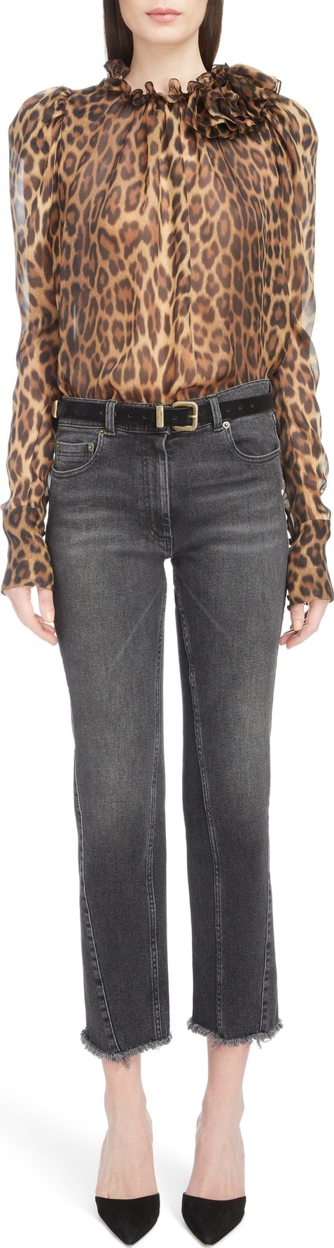 Magda Butrym Ruffle Neck Leopard Print Silk Blouse