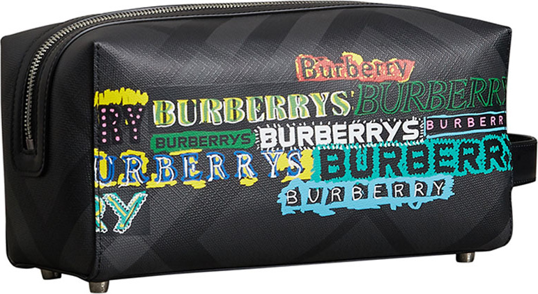 Burberry London England Men's Charcoal Graphic Logo Faux-Leather Toiletry Bag