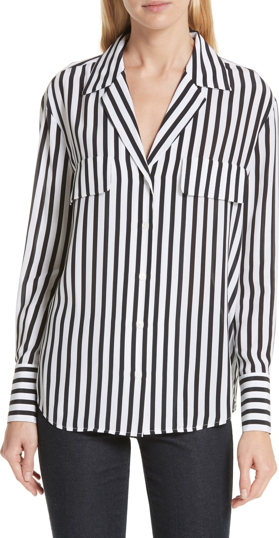 FRAME DENIM Stripe Flap Pocket Silk Blouse