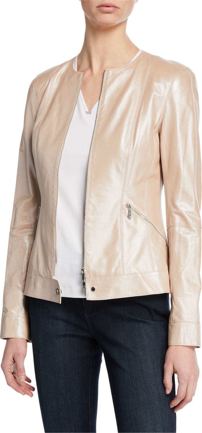 Lafayette 148 New York Mick Zip-Front Pearlized Nappa Lambskin Leather Jacket