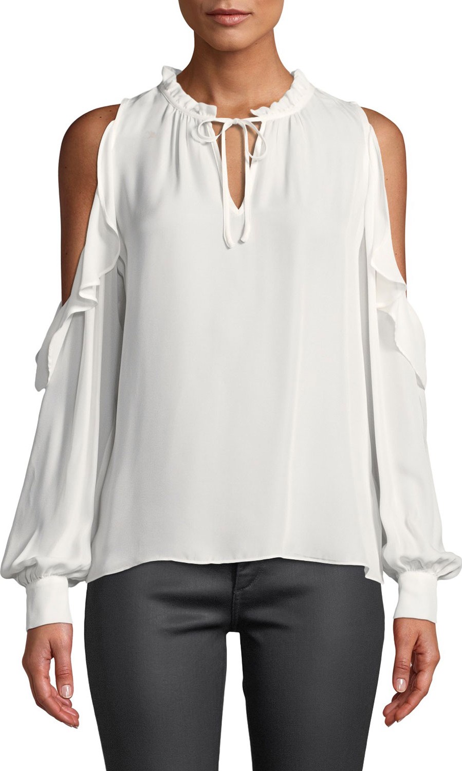 Parker Marjorie Cold-Shoulder Blouson-Sleeve Keyhole Blouse w/ Ruffle Trim