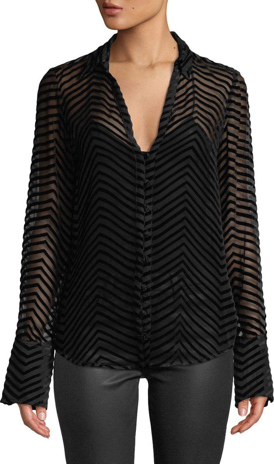 PAIGE Toscani Velvet-Stripe Sheer Button-Front Top
