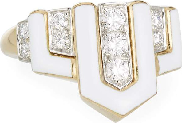 David Webb Geometric White Enamel & Diamond Ring