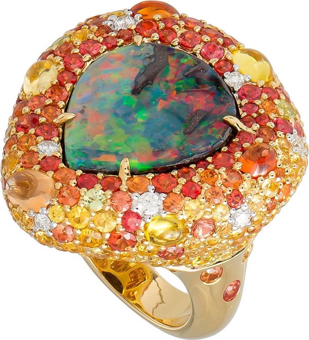 Margot McKinney 18k Boulder Opal Pear Ring w/ Mixed Pave, Size 6.5