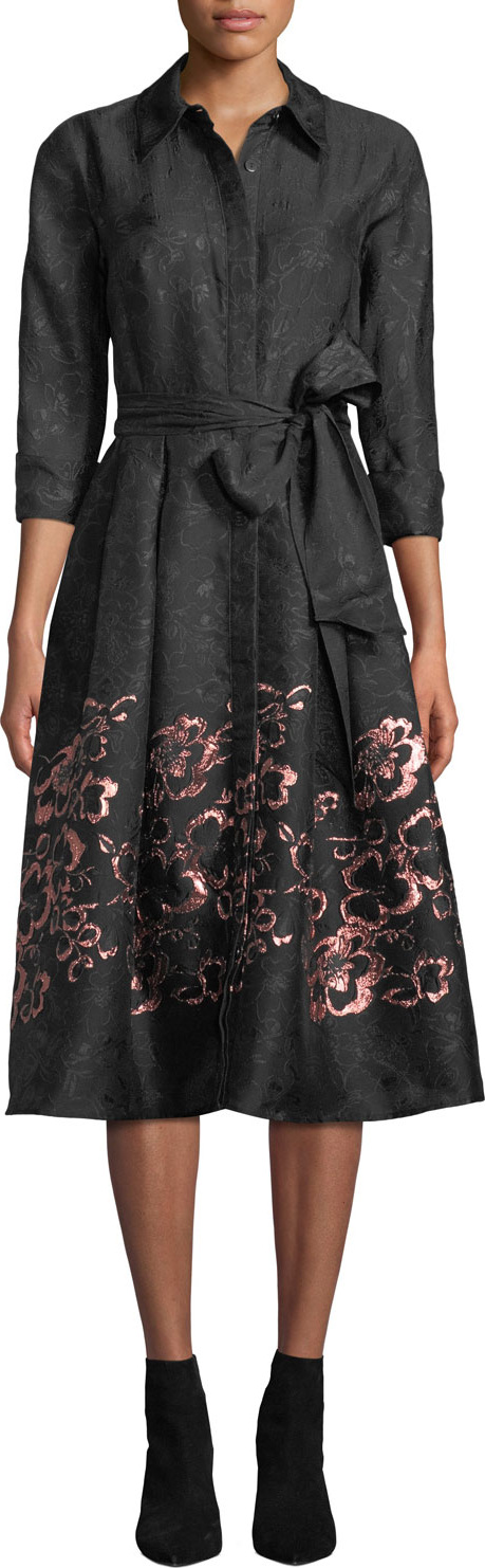 Rickie Freeman for Teri Jon Floral Jacquard Self-Tie Shirt Dress